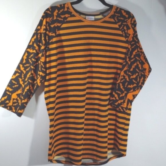*HP* Halloween Tee 3/4 Sleeves Bats Stripes Orange Black Large - Picture 2 of 7